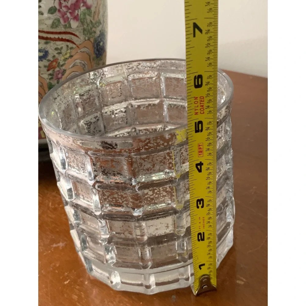 Silver Mercury Glass Waffle Grid Candle Holder Vase Decorative Votive Cup